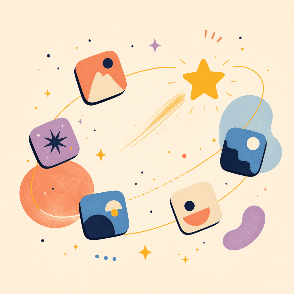 Abstract orbit with a star, sparks, and playful tiles.