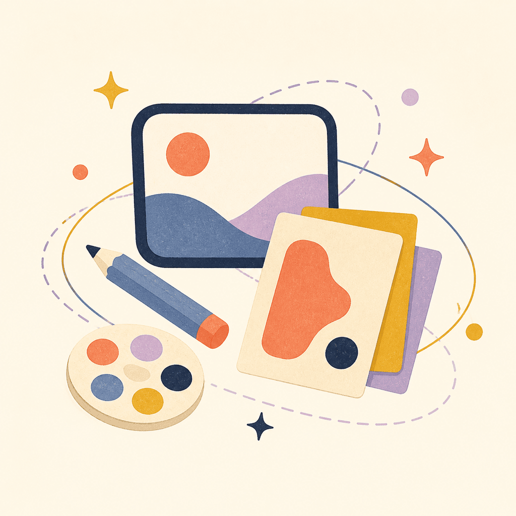 A simple creative workspace with cards, a small screen, and orbit shapes.